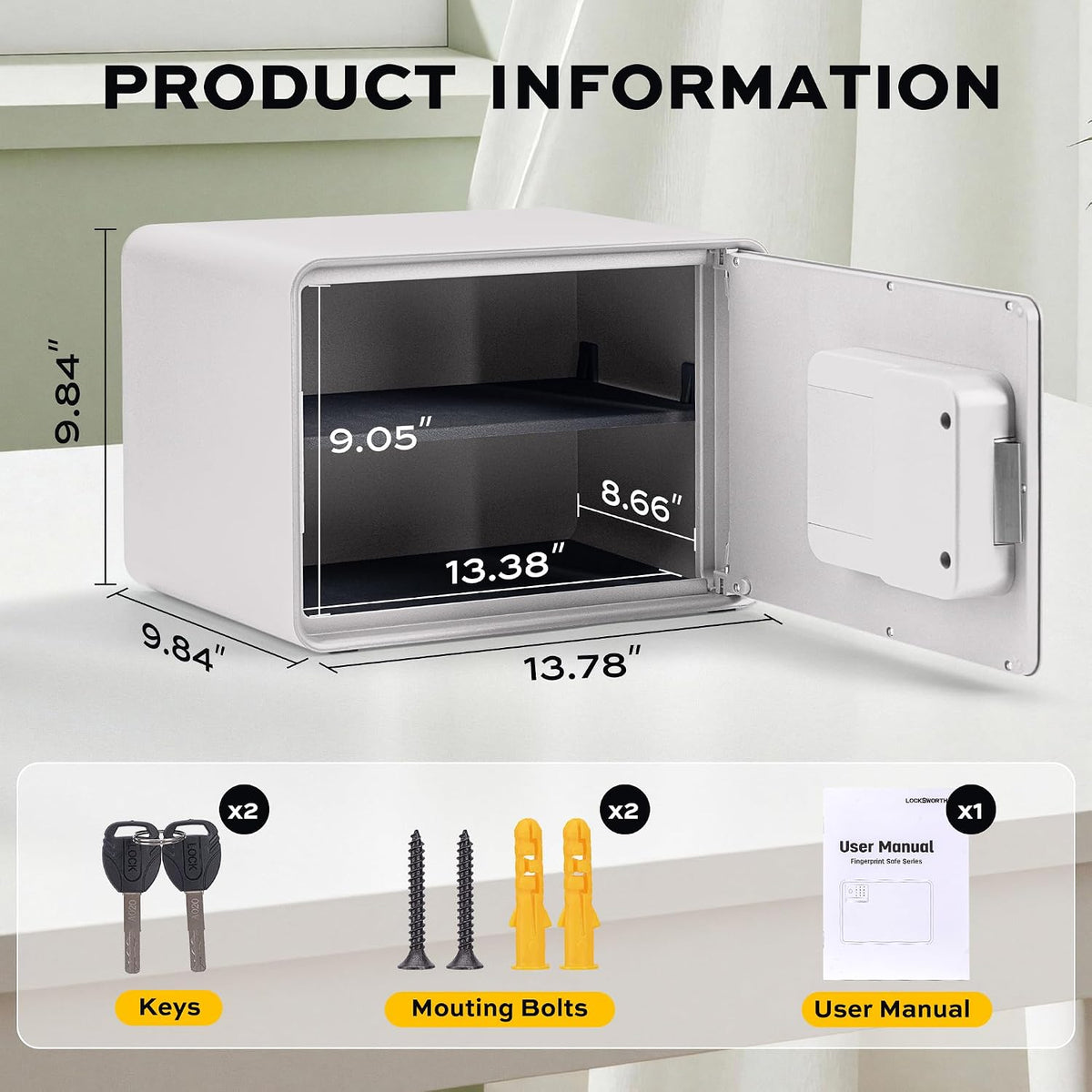 Biometric Safe for Home, 0.6 Cube Feet Auto-Open Fingerprint Safe with Touch Screen, Alarm System & Removable Shelf, Small Money Box for Cash, Jewelry, Documents, Home Office Use,White