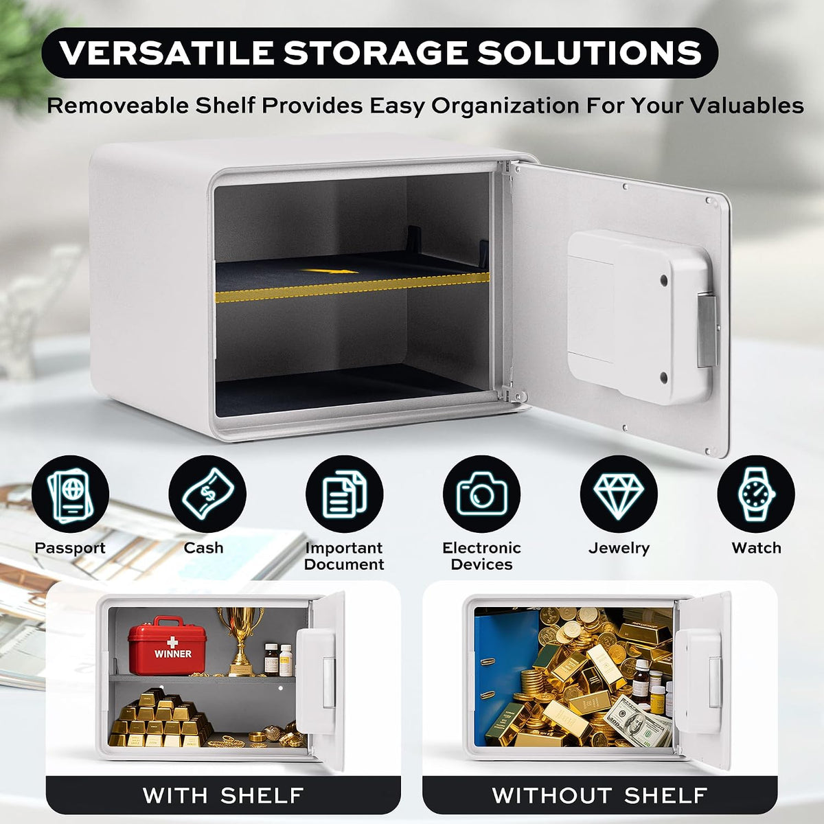 Biometric Safe for Home, 0.6 Cube Feet Auto-Open Fingerprint Safe with Touch Screen, Alarm System & Removable Shelf, Small Money Box for Cash, Jewelry, Documents, Home Office Use,White