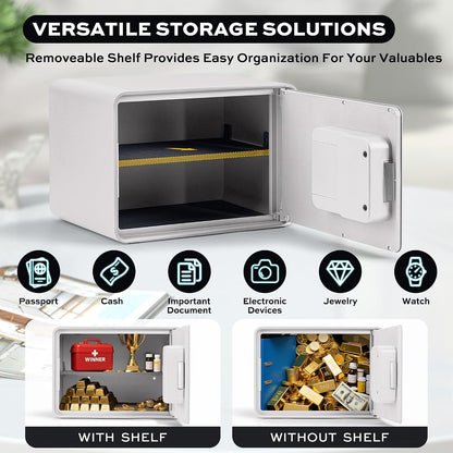 Biometric Safe for Home, 0.6 Cube Feet Auto-Open Fingerprint Safe with Touch Screen, Alarm System & Removable Shelf, Small Money Box for Cash, Jewelry, Documents, Home Office Use,White