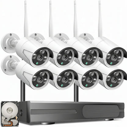 2K Wireless Security Camera System, 10CH NVR Kit,8Pcs 3MP Wifi Surveillance Cameras for Home Indoor/Outdoor Use,Night Vision,Waterproof, Motion Detection, 3TB Hard Drive and DC Power Included
